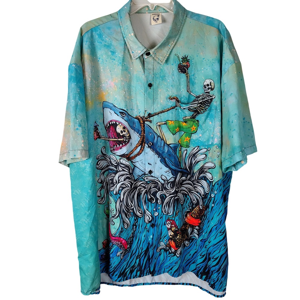 Hardaddy Mens 3XL Skeleton Riding Shark Graphic Button Down Shirt Blue Short Slv